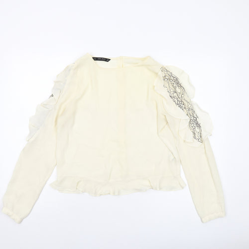 Zara Womens Ivory Polyester Basic Blouse Size M Round Neck