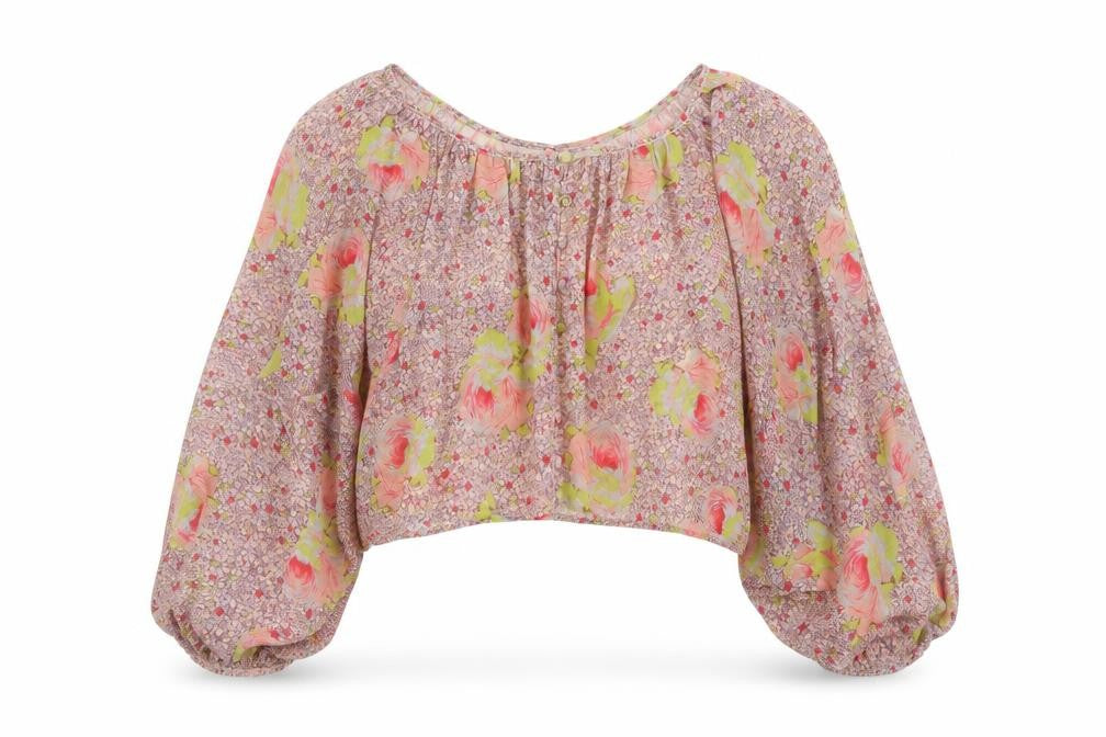 Front view of Miss Selfridge women’s pink floral polyester basic blouse, size UK 12, round neck