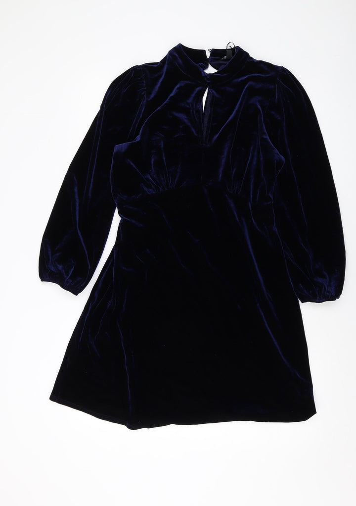 Roman Womens Blue Polyester A-Line Size 12 Mock Neck Button
