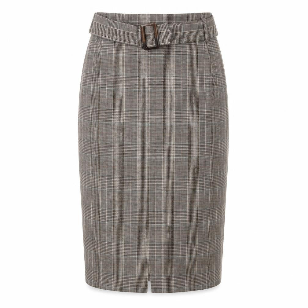 Front view of Principles women’s brown plaid polyester straight & pencil skirt, size UK 12, zip