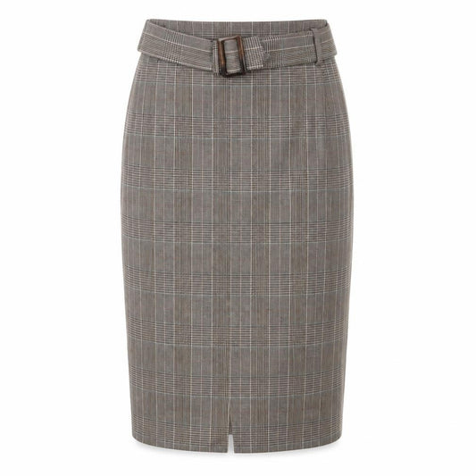 Front view of Principles women’s brown plaid polyester straight & pencil skirt, size UK 12, zip
