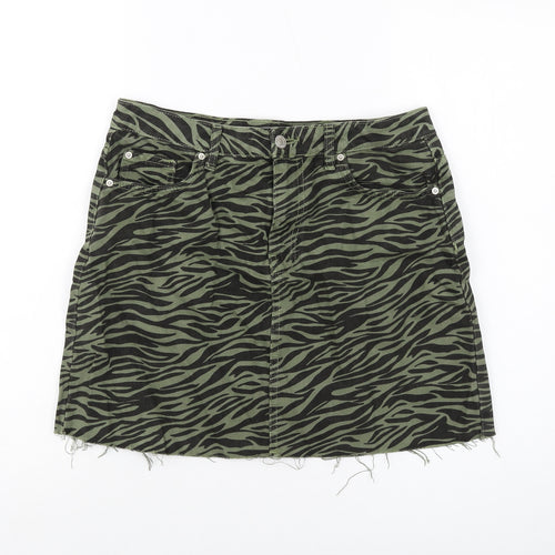 Denim & Co. Womens Green Animal Print Cotton Mini Skirt Size 12 Button