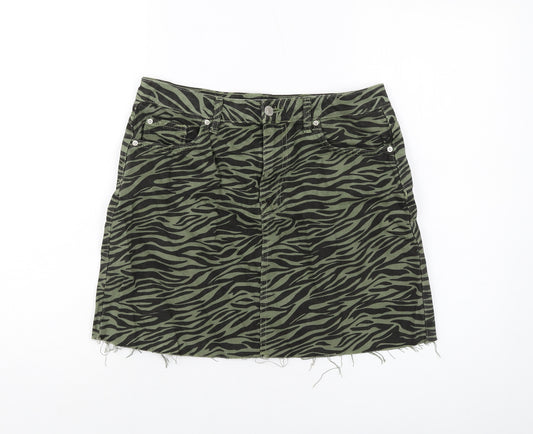 Denim & Co. Womens Green Animal Print Cotton Mini Skirt Size 12 Button