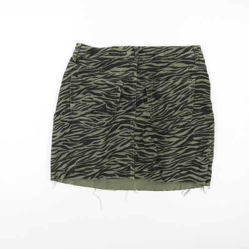 Denim & Co. Womens Green Animal Print Cotton Mini Skirt Size 12 Button