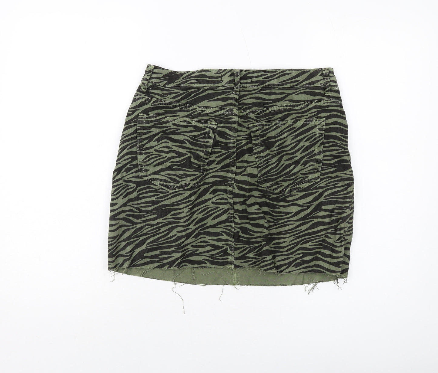 Denim & Co. Womens Green Animal Print Cotton Mini Skirt Size 12 Button