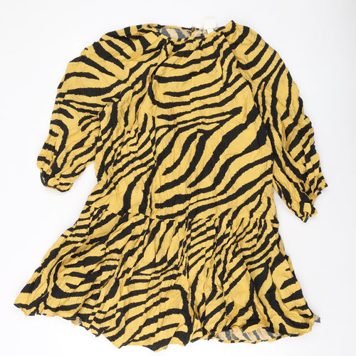 H&M Womens Beige Animal Print Viscose A-Line Size M Round Neck Button