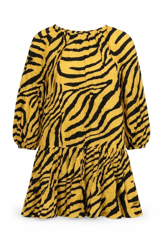 Front view of H&M women’s beige animal print viscose a-line, size M, round neck button