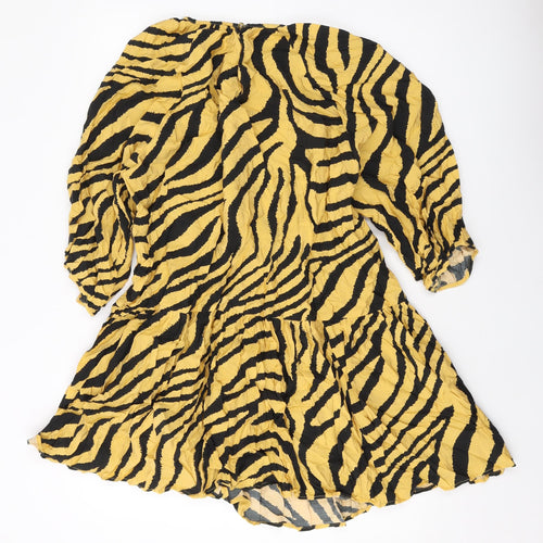 H&M Womens Beige Animal Print Viscose A-Line Size M Round Neck Button
