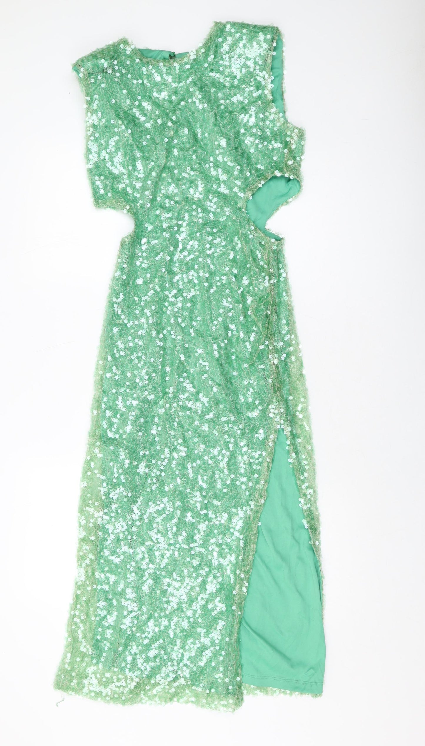 Zara Womens Green Polyester A-Line Size S Round Neck Zip