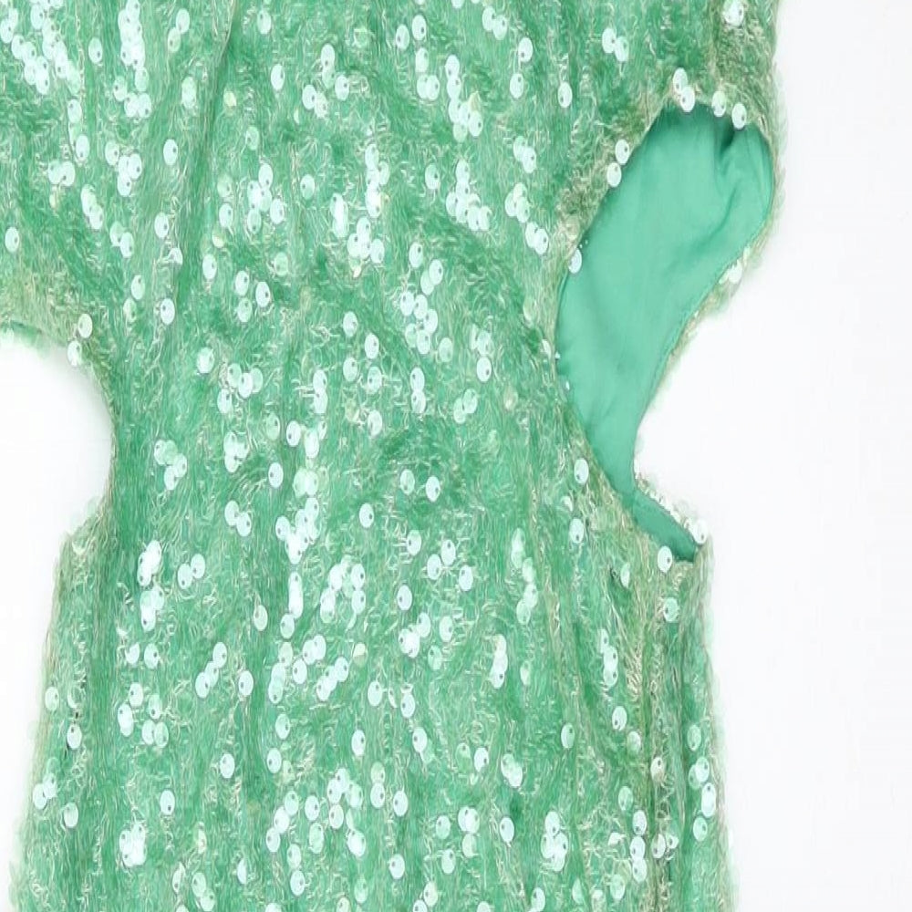 Zara Womens Green Polyester A-Line Size S Round Neck Zip