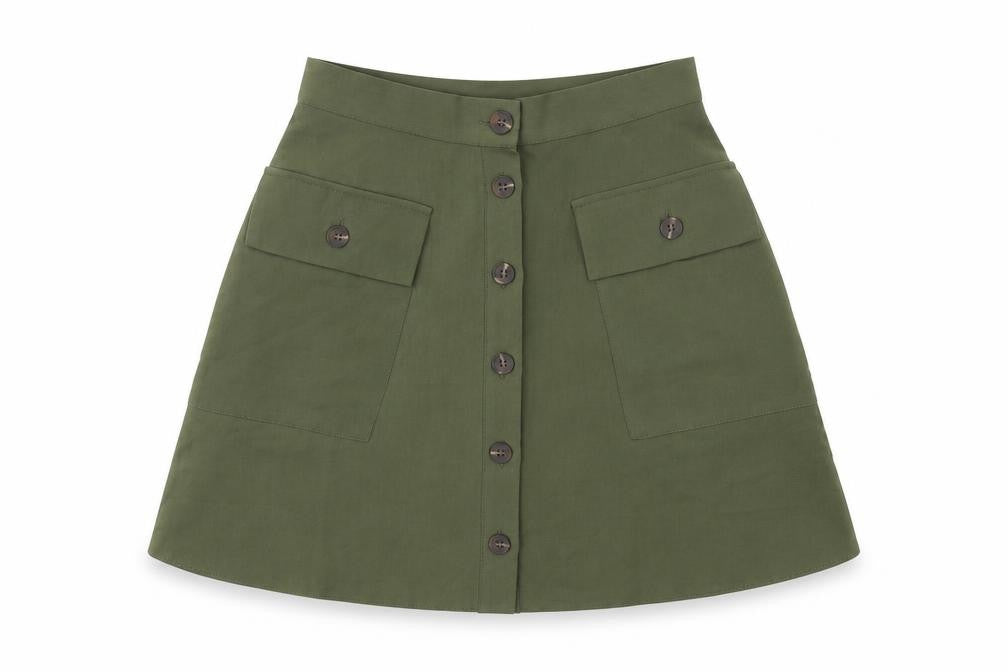 Front view of ASOS women’s green polyester a-line skirt, size UK 8, button