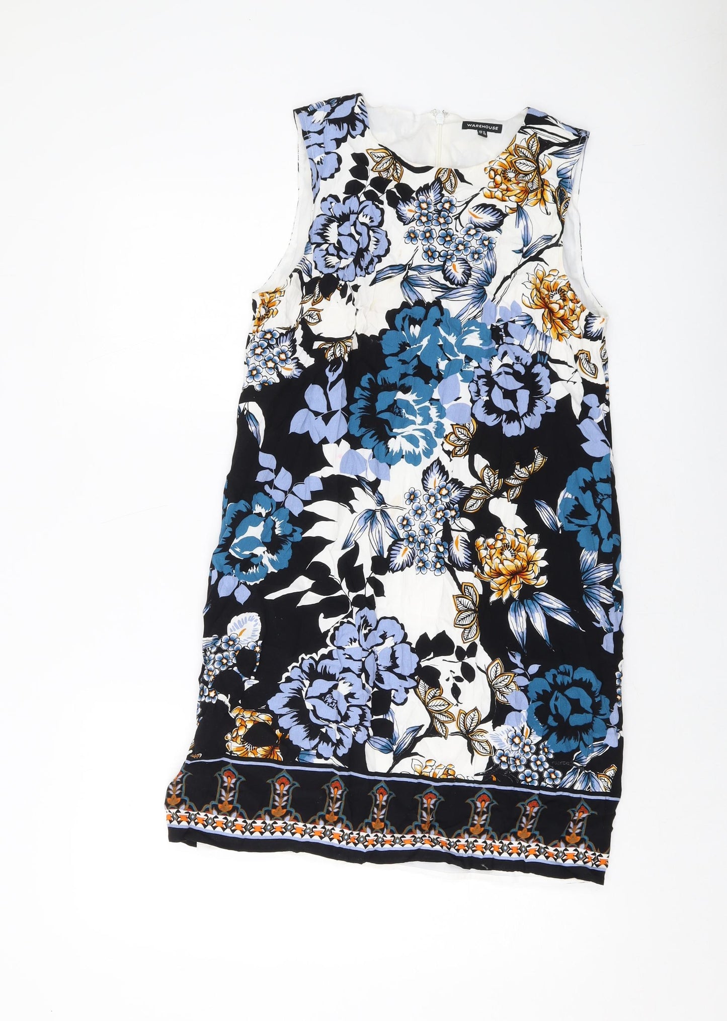 Warehouse Womens Multicoloured Geometric Viscose Tank Dress Size 12 Round Neck Zip