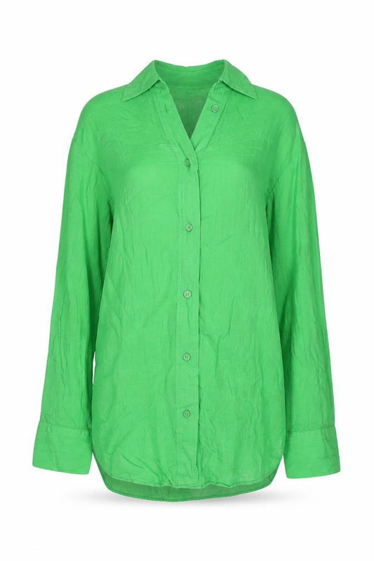 Front view of H&M women’s green polyester basic button-up, size XS, collared