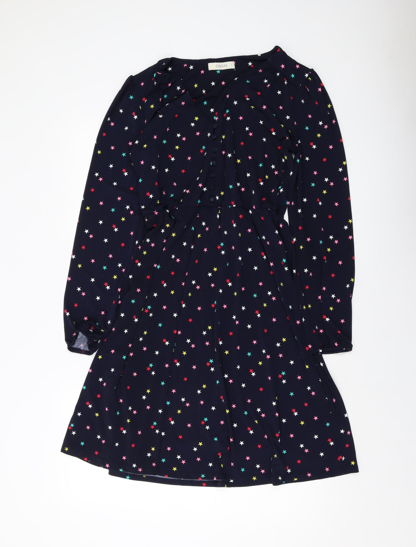 Oasis Womens Blue Geometric Polyester A-Line Size S V-Neck Button