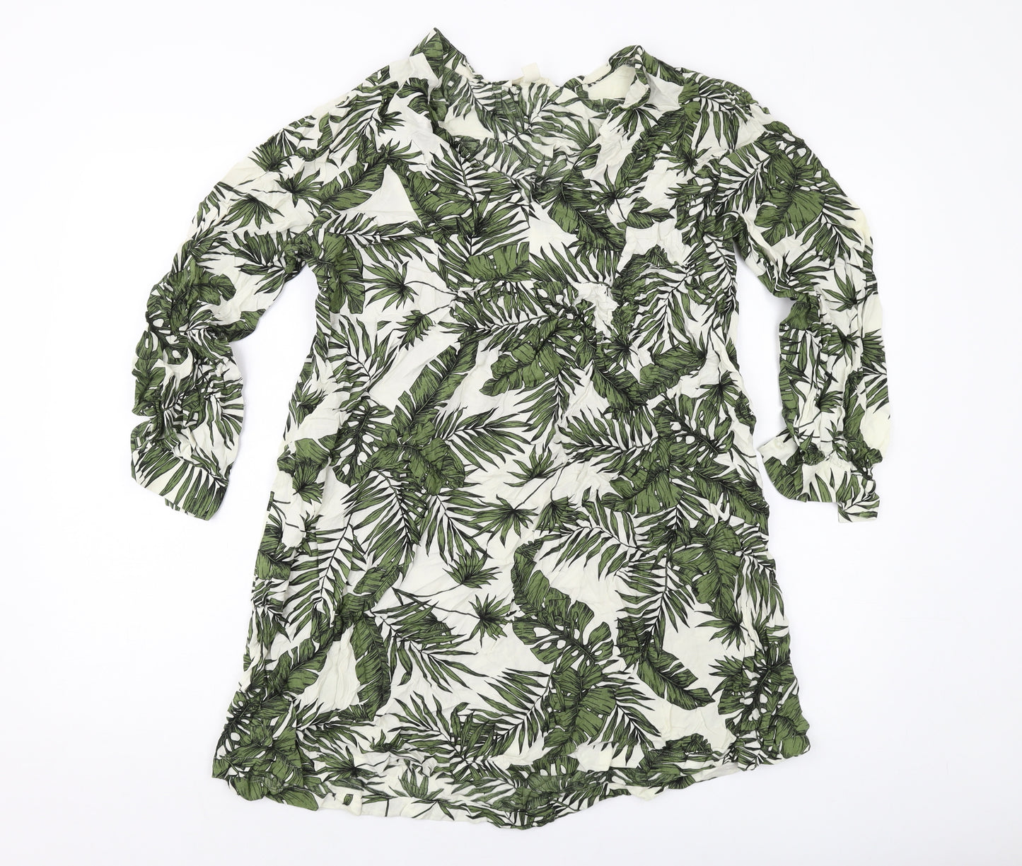 H&M Womens Green Geometric Viscose Tunic Blouse Size M V-Neck