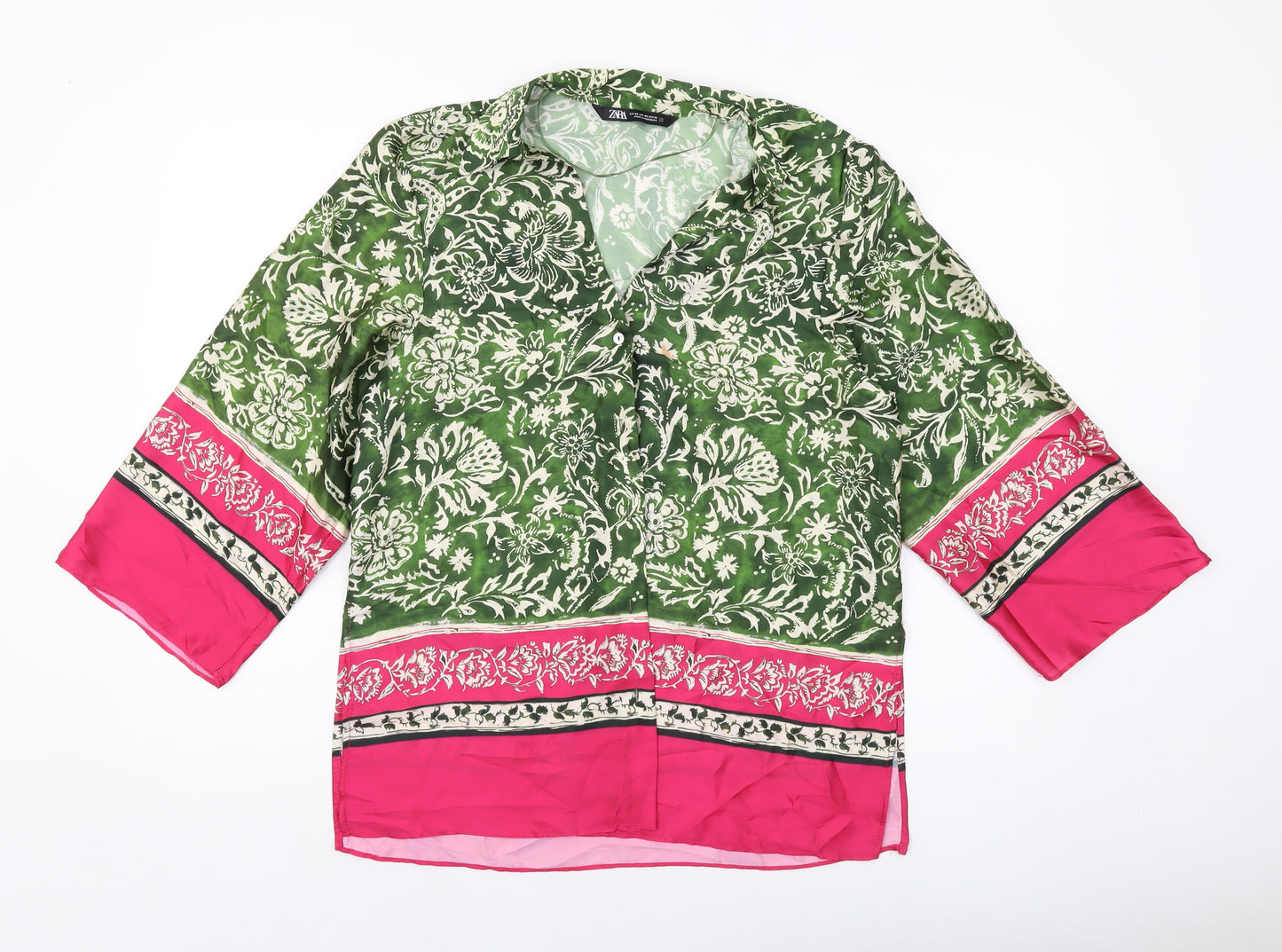 Zara Womens Green Geometric Polyester Basic Button-Up Size XS V-Neck