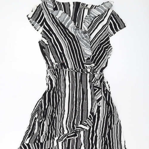 Oasis Womens Black Striped Viscose A-Line Size 8 V-Neck Zip