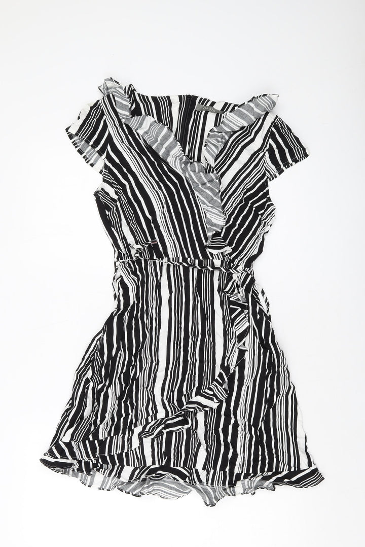 Oasis Womens Black Striped Viscose A-Line Size 8 V-Neck Zip