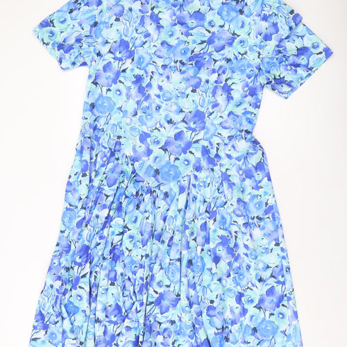 Emily Rose Womens Blue Floral Polyester A-Line Size 16 V-Neck Button