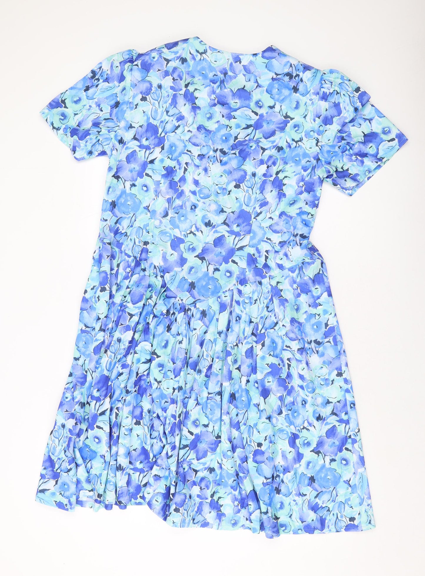 Emily Rose Womens Blue Floral Polyester A-Line Size 16 V-Neck Button