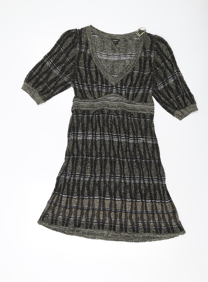 Oasis Womens Gold Viscose Jumper Dress Size 12 V-Neck Pullover