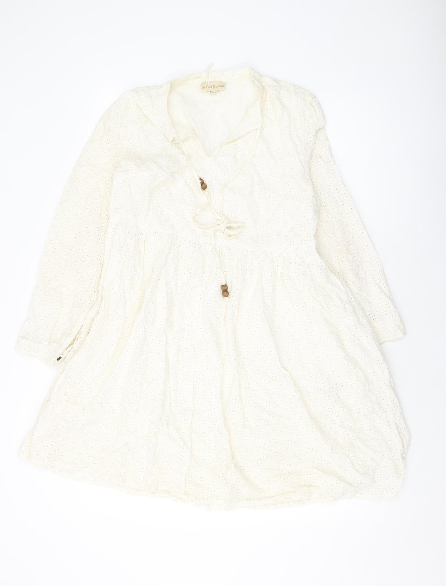 Secret Bazar Womens Ivory Cotton A-Line Size L V-Neck Tie