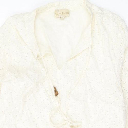 Secret Bazar Womens Ivory Cotton A-Line Size L V-Neck Tie