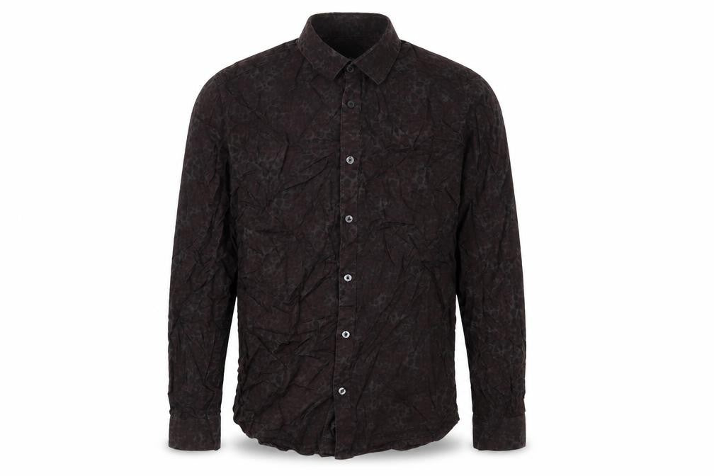Front view of ASOS men’s brown animal print cotton button-up, size M, collared button
