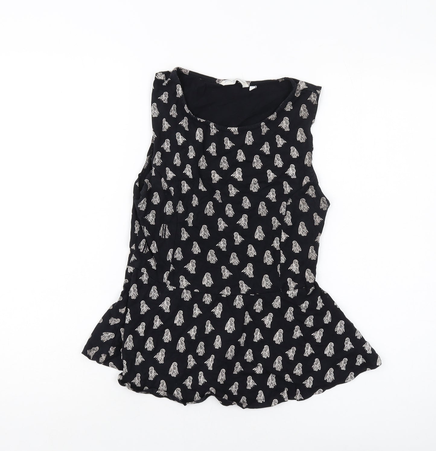 New Look Womens Black Geometric Cotton Basic Tank Size 12 Round Neck