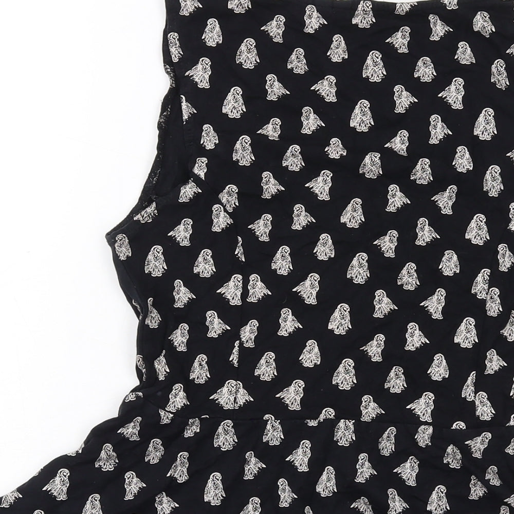 New Look Womens Black Geometric Cotton Basic Tank Size 12 Round Neck