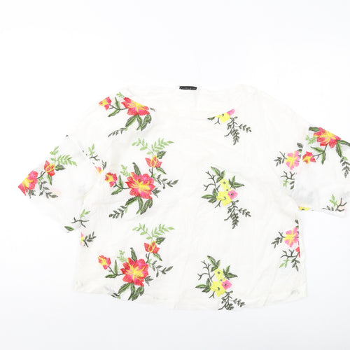 Zara Womens White Floral Polyester Basic T-Shirt Size M Round Neck