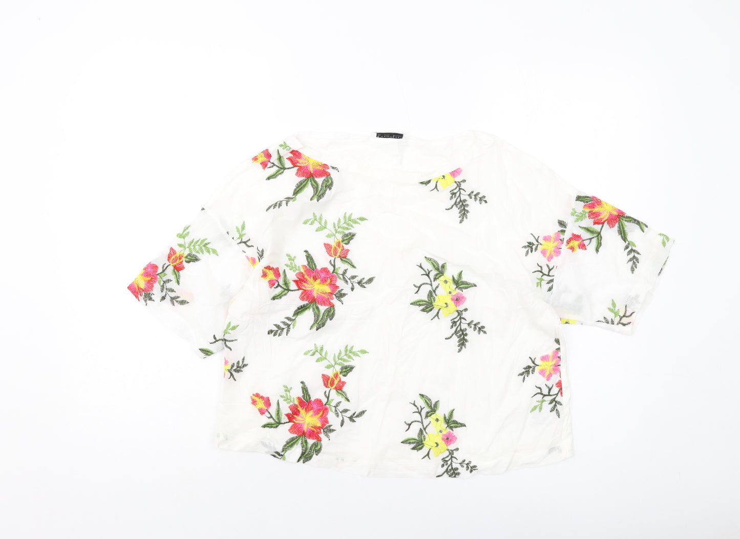 Zara Womens White Floral Polyester Basic T-Shirt Size M Round Neck