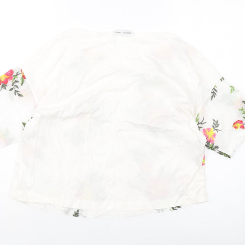 Zara Womens White Floral Polyester Basic T-Shirt Size M Round Neck