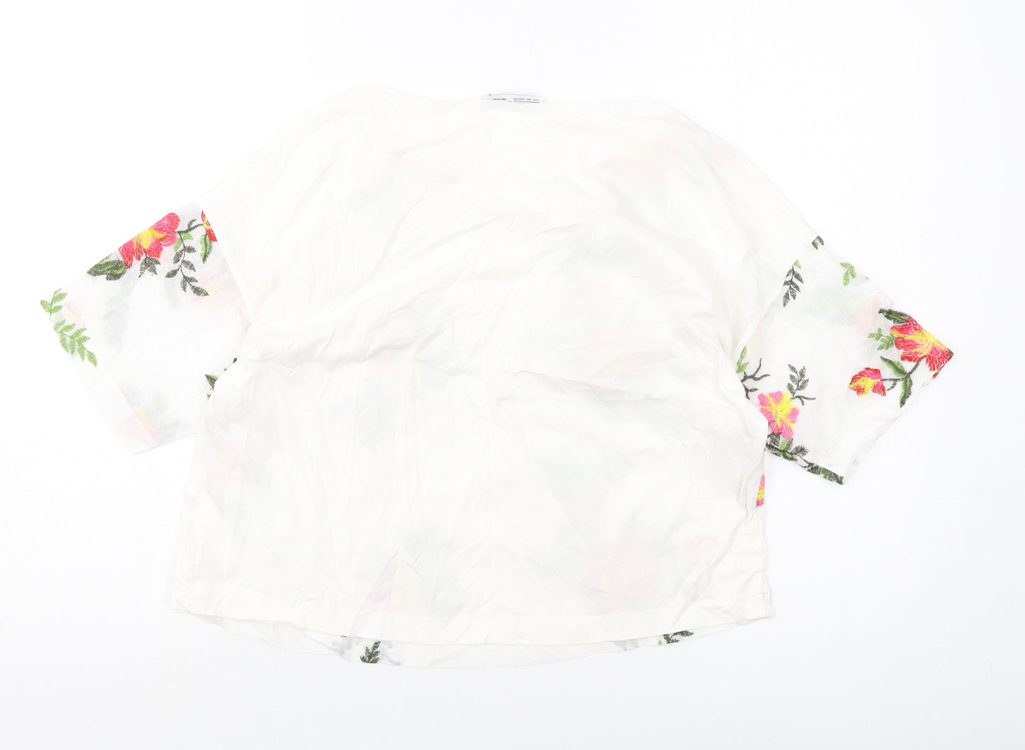 Zara Womens White Floral Polyester Basic T-Shirt Size M Round Neck