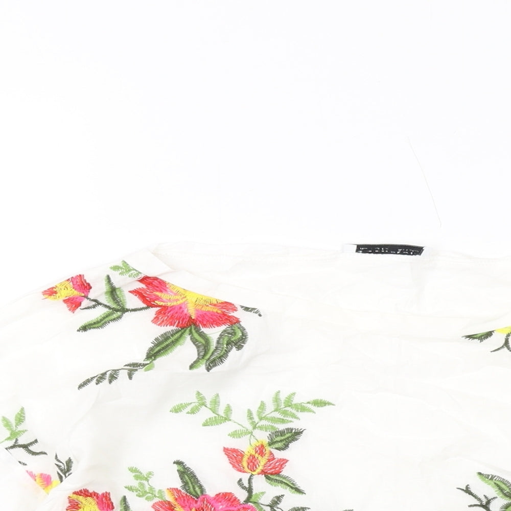 Zara Womens White Floral Polyester Basic T-Shirt Size M Round Neck