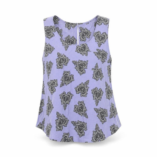 Front view of Oasis women’s blue geometric polyester basic tank, size UK 14, round neck