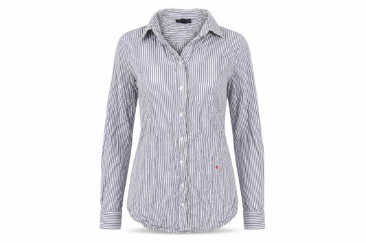 Front view of Topshop women’s blue striped cotton basic button-up, size UK 8, collared