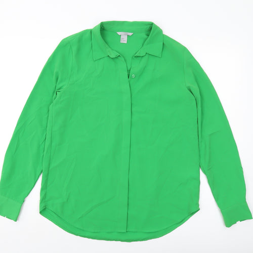 H&M Womens Green Polyester Basic Button-Up Size 8 Collared
