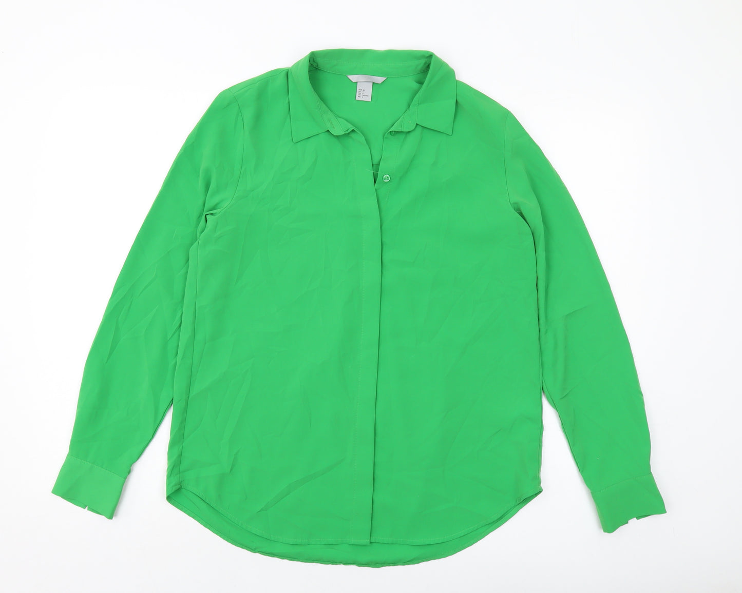 H&M Womens Green Polyester Basic Button-Up Size 8 Collared