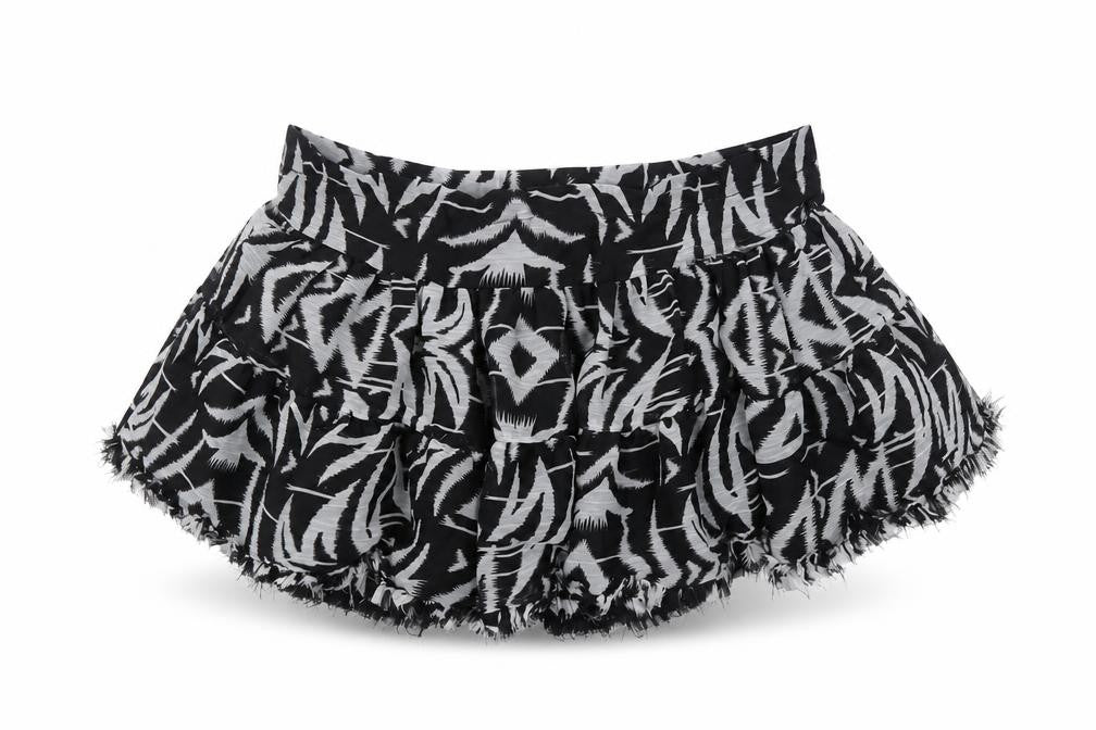 Front view of Topshop women’s black geometric polyester skater skirt, size UK 8