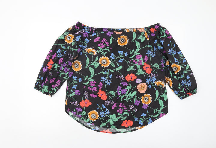 New Look Womens Black Floral Cotton Basic Blouse Size 12 Square Neck