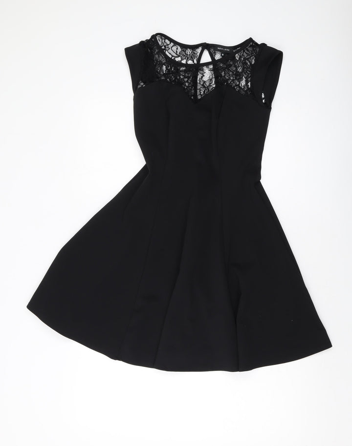 New Look Womens Black Polyester A-Line Size 10 Round Neck Button