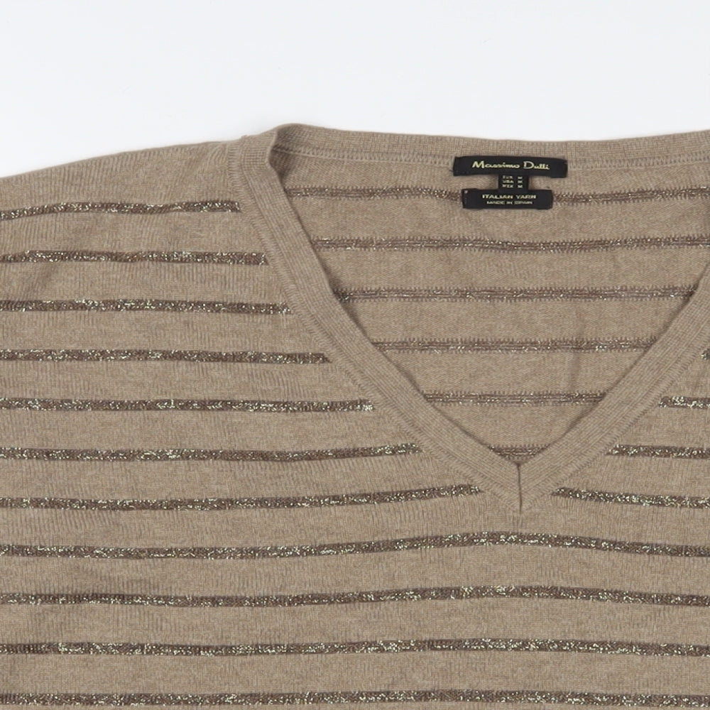 Mossimo Dutti Womens Brown V-Neck Striped Wool Pullover Jumper Size M