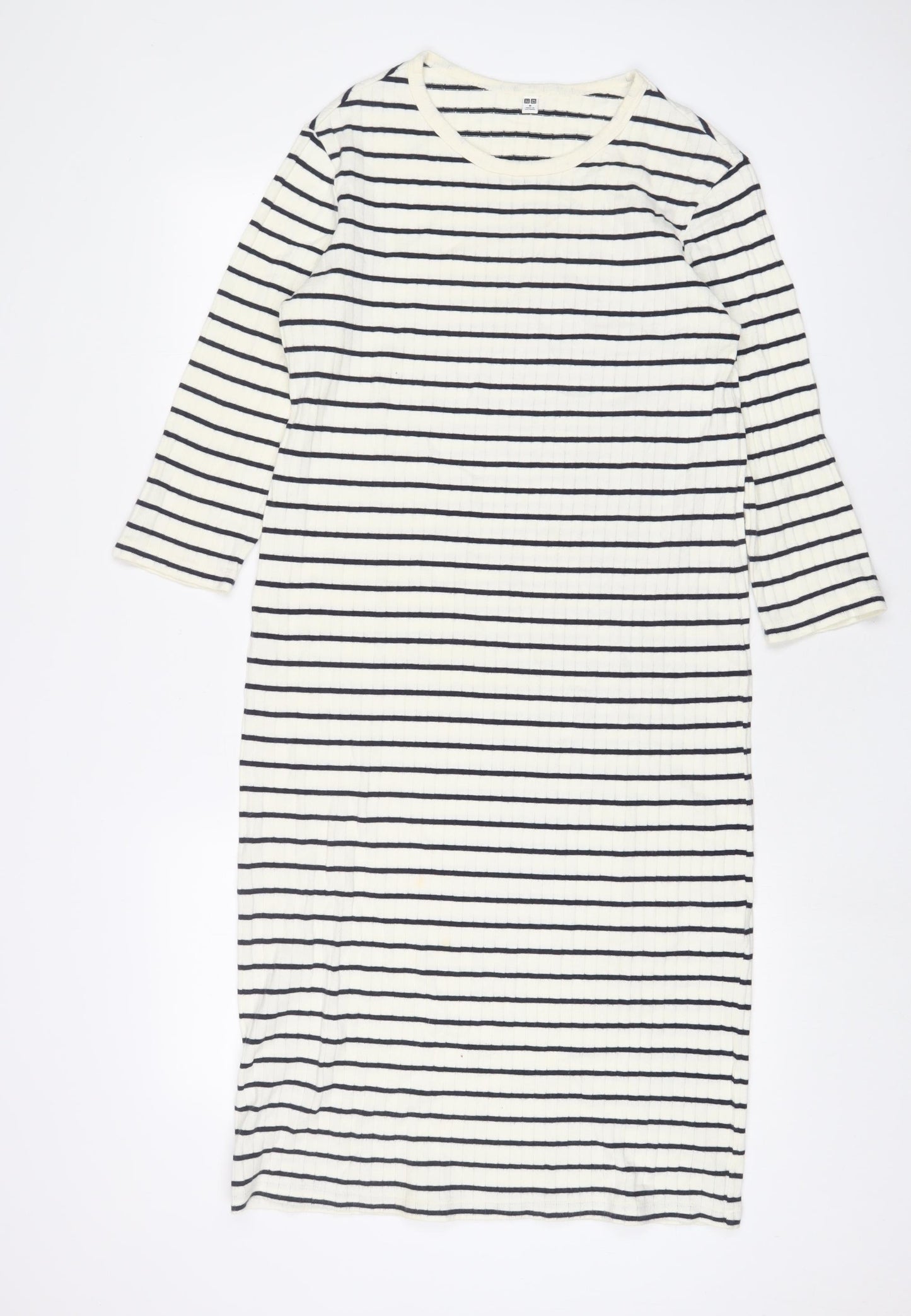 Uniqlo Womens White Striped Cotton Jumper Dress Size M Crew Neck Pullover