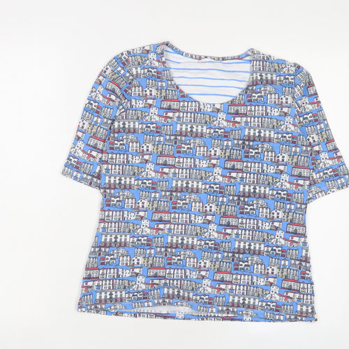 Tulchan Womens Blue Geometric Cotton Basic T-Shirt Size 12 Scoop Neck