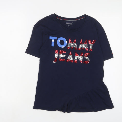 Tommy Hilfiger Girls Blue Cotton Basic T-Shirt Size 14 Years Crew Neck Pullover - Sequins