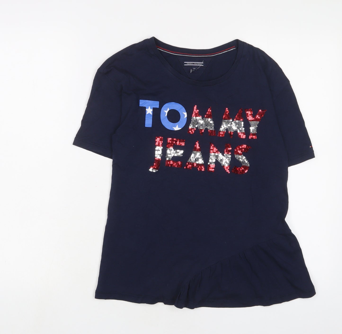Tommy Hilfiger Girls Blue Cotton Basic T-Shirt Size 14 Years Crew Neck Pullover - Sequins