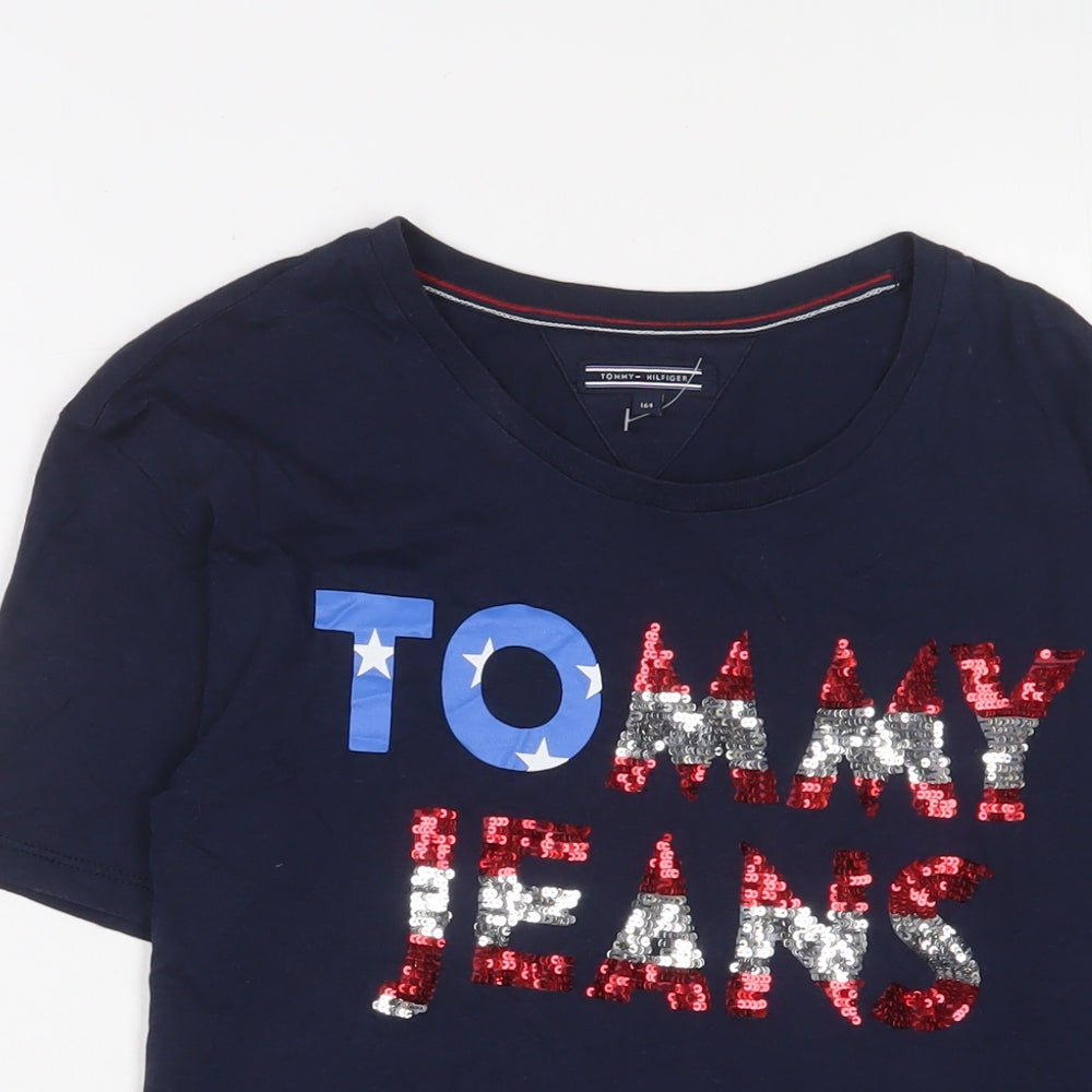 Tommy Hilfiger Girls Blue Cotton Basic T-Shirt Size 14 Years Crew Neck Pullover - Sequins