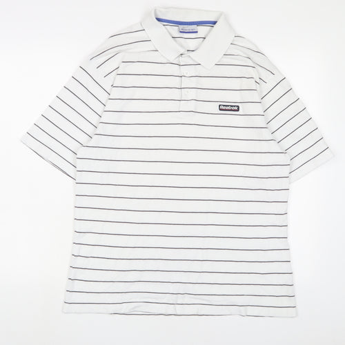 Reebok Mens White Striped Cotton Polo Size XL Collared Button