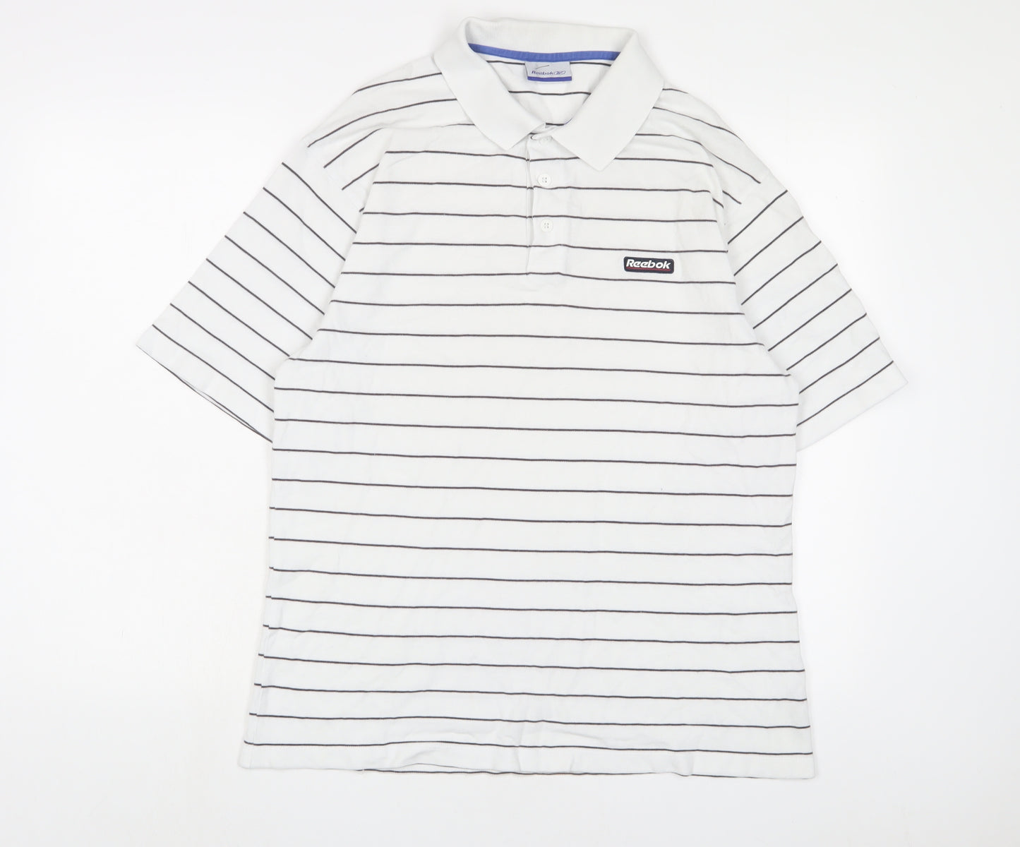 Reebok Mens White Striped Cotton Polo Size XL Collared Button